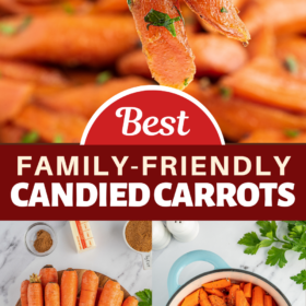 Two carrots on a fork, carrots on a cutting board and cut carrots in a pot with butter, brown sugar and spices.