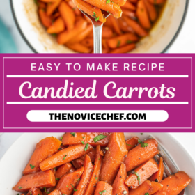 Candied carrots on a spoon and in a bowl with parsley on top.