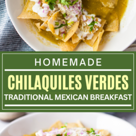 Chilaquiles Verdes with homemade salsa verde and cheese on top.
