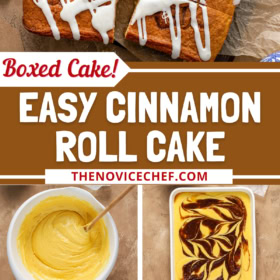 Cinnamon roll cake sliced into pieces, batter in a bowl, and batter in a baking dish swirled with cinnamon roll filling.