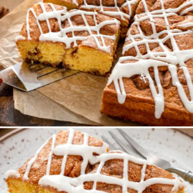 Cinnamon roll cake being served with a spatula and a slice of cake on a plate.