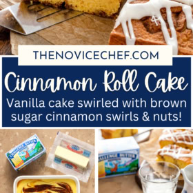 Cinnamon roll cake on parchment paper, batter swirled with cinnamon roll filling, and a slice of cake on a plate.