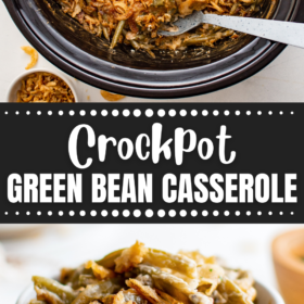 Green bean casserole in a crockpot and in a white bowl.
