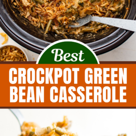 Green bean casserole in a crockpot with a spoon lifting out a serving.