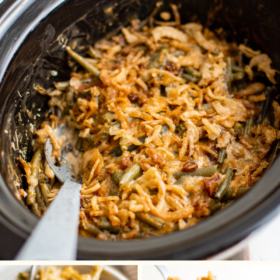 Crockpot green bean casserole with a serving spoon in it, a bowl of casserole and serving spoon lifting up a serving of green beans.