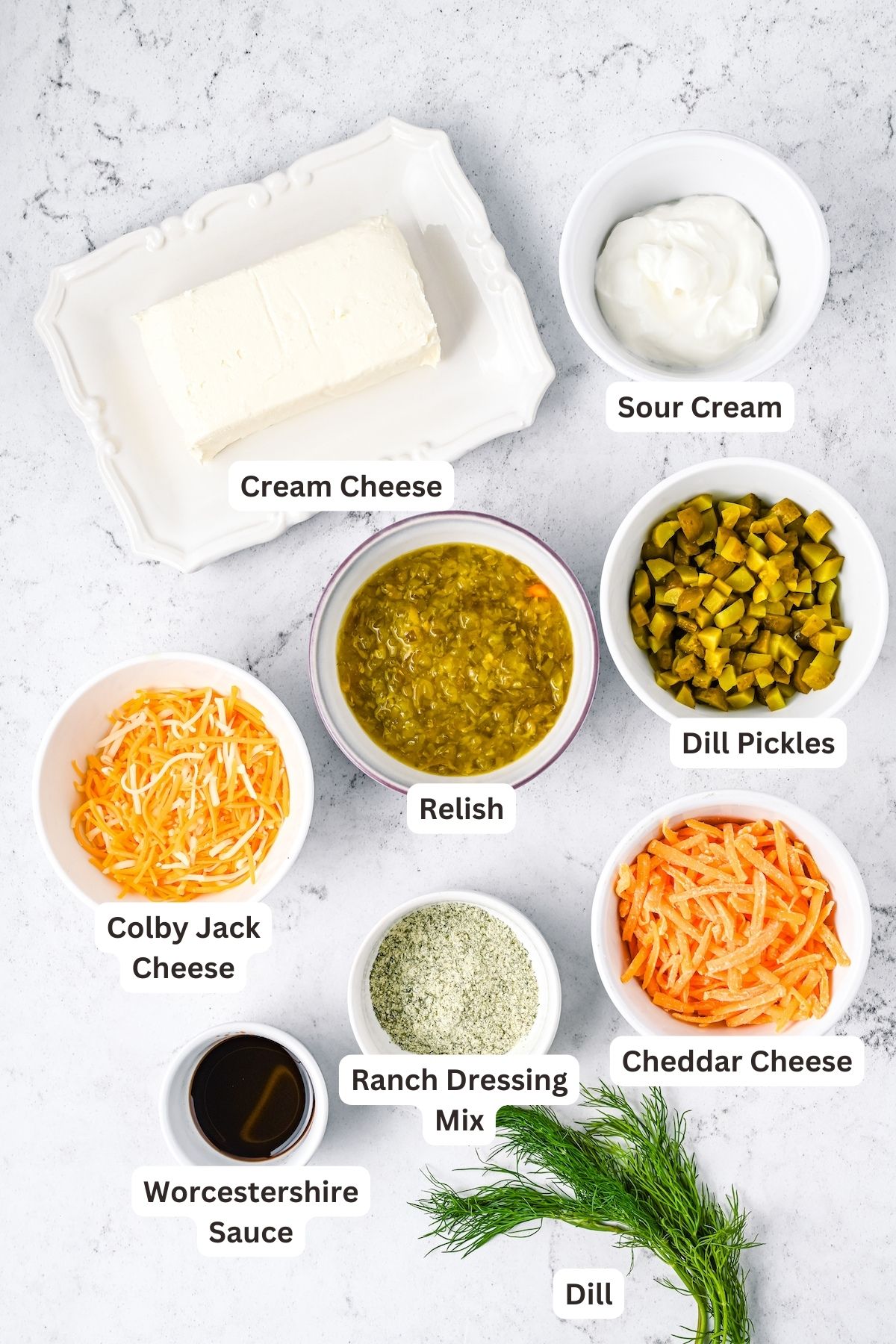 Ingredients for Dill Pickle Cheese Ball recipe.