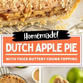 Cut dutch apple pie and an apple pie bite on a fork.