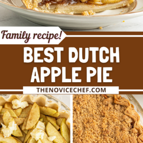 A slice of dutch apple pie on a plate, apples in pie crust with butter on top and a whole dutch apple pie.