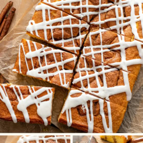 Cinnamon roll cake on a cutting board, a slice of cake on a plate with a fork.