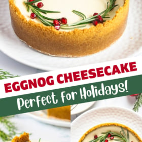 Eggnog cheesecake on a white plate, a slice of cheesecake, and cheesecake missing a slice.