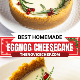 Eggnog cheesecake on a plate and a slice of eggnog cheesecake.
