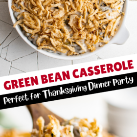A white casserole dish filled with easy green bean casserole and a wooden spoon scooping up a serving.