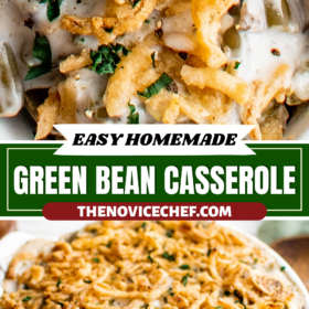 Green bean casserole in a casserole dish with a wooden spoon.