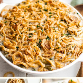 Green bean casserole in a white casserole dish, ingredients in bowls and an up close image of green bean casserole in a white bowl.