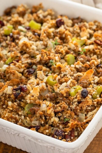 A pan of sausage stuffing.