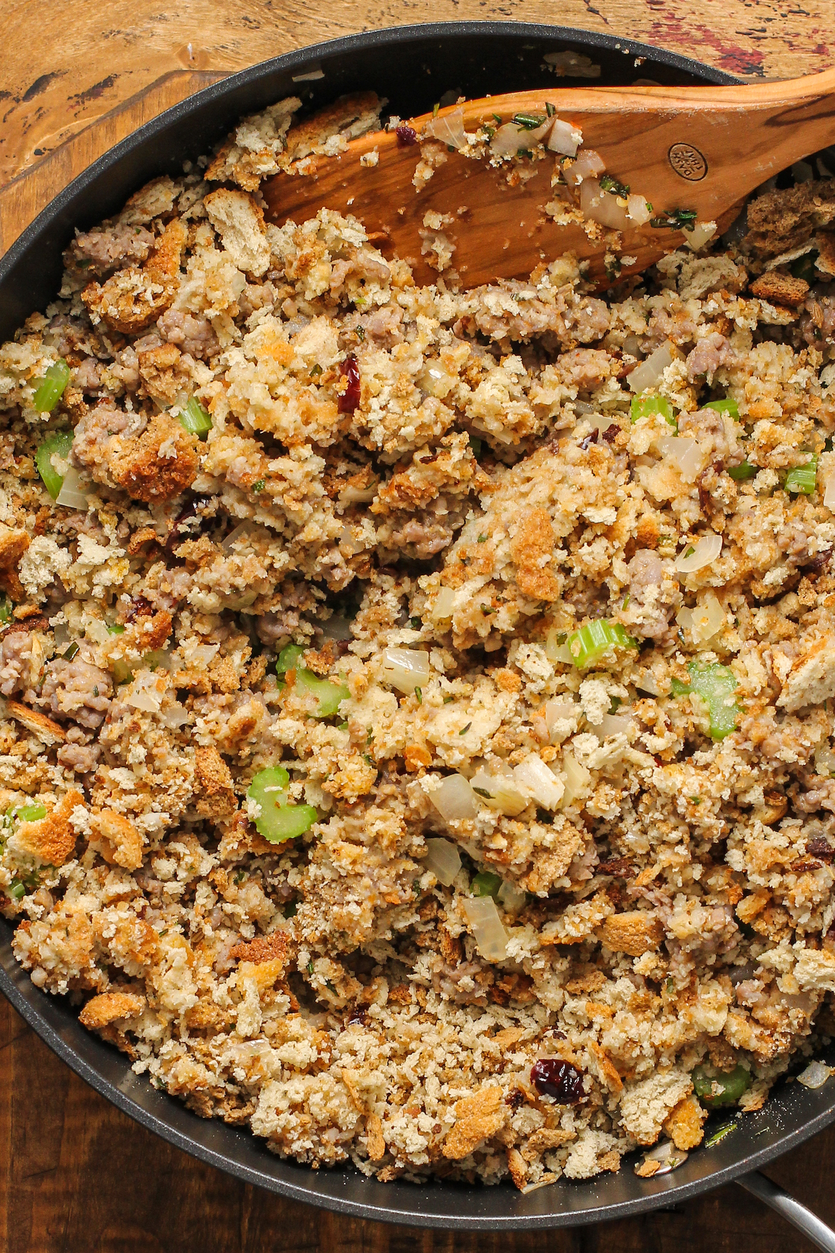 Stuffing mix in a skillet.