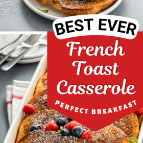 Overnight french toast in a casserole dish with powdered sugar on top.