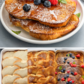 A plate of french toast with maple syrup and fresh berries and overnight french toast in a casserole dish.