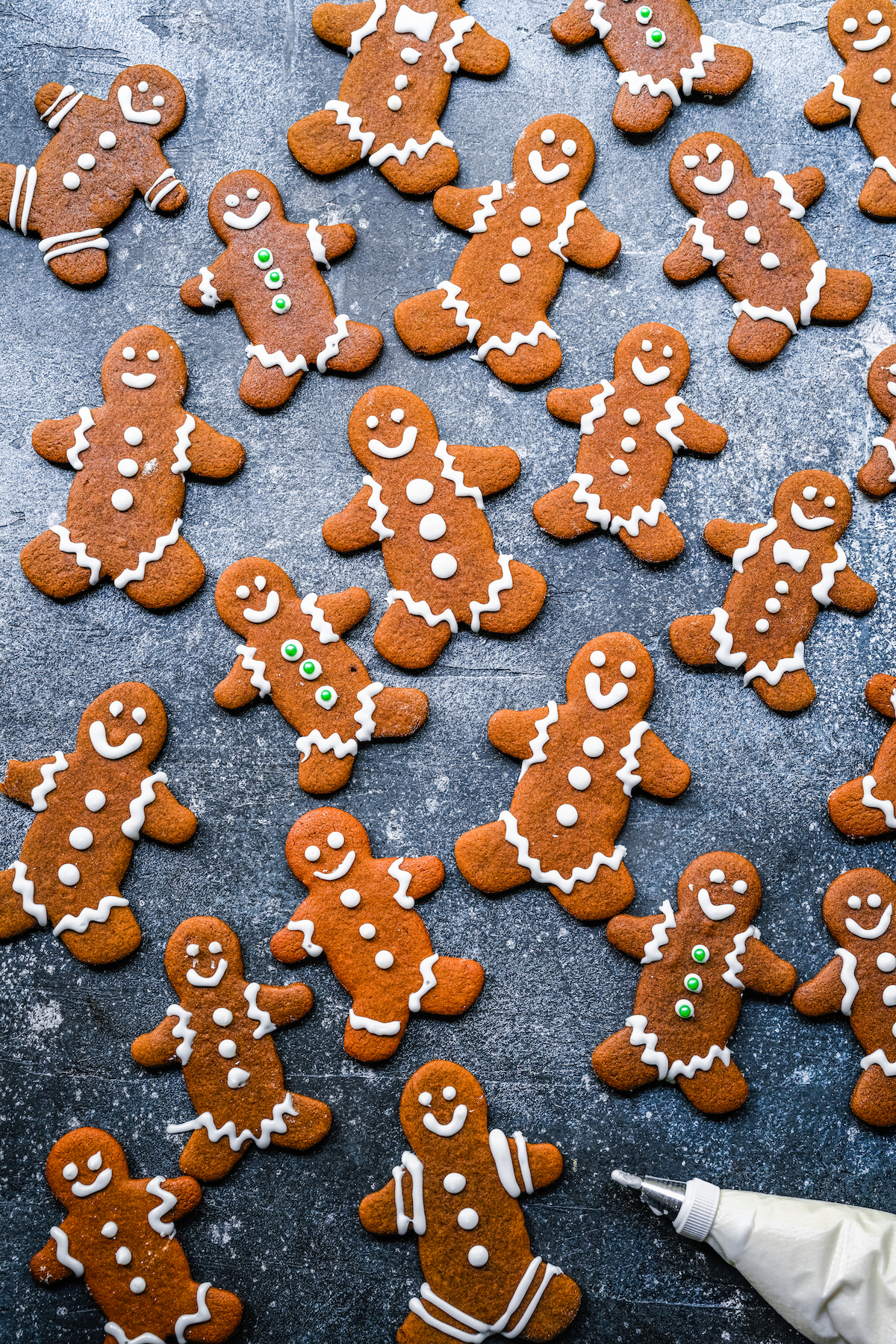 Gingerbread cookies decorated with royal icing.