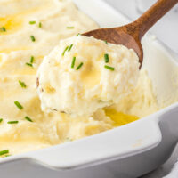 Make-ahead mashed potatoes in a casserole dish.