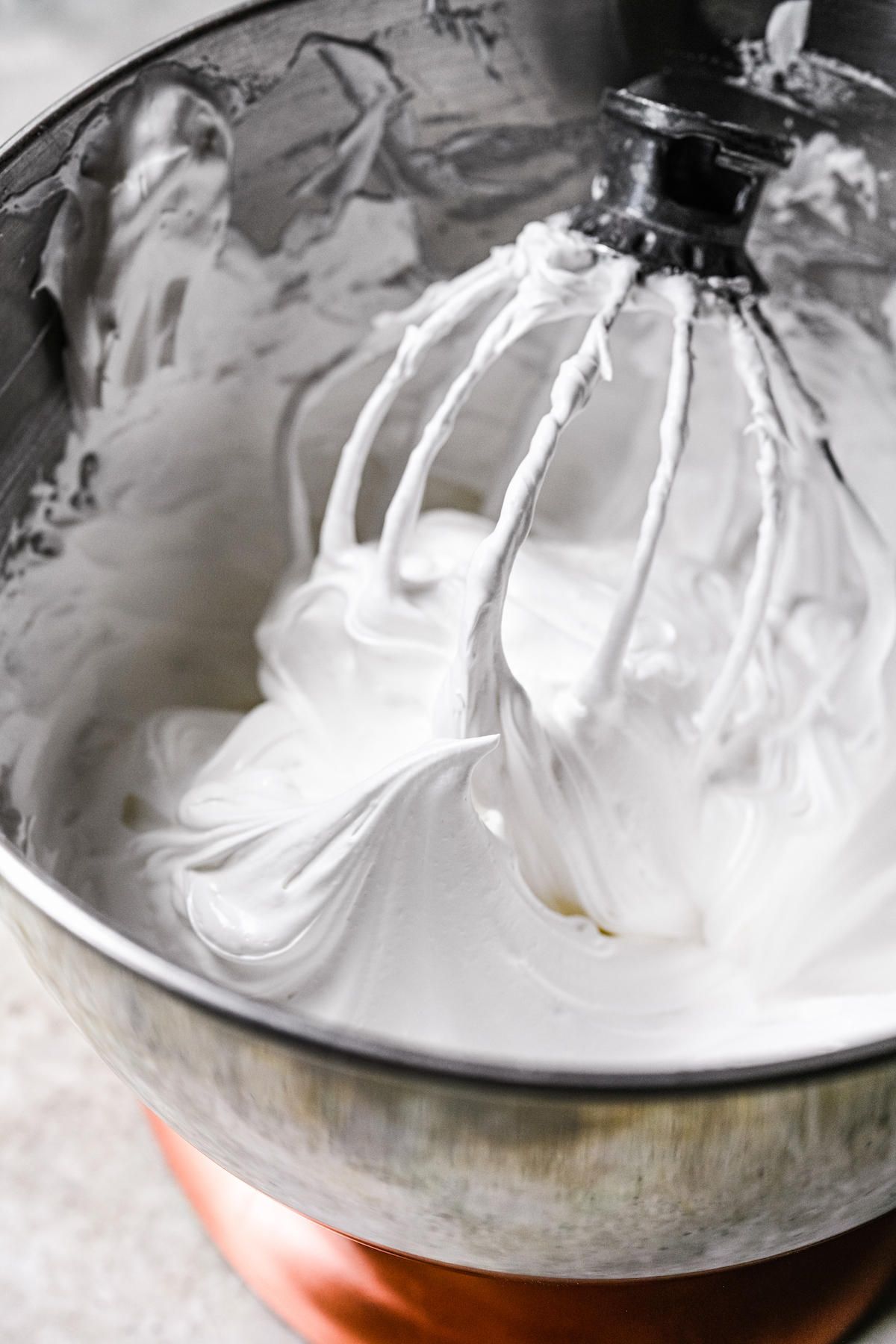 Egg whites, sugar, and cream of tartar whipped to stiff peaks in a stand mixer.