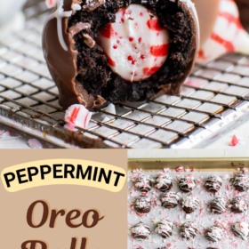 Oreo balls with a bite taken out to see the peppermint candy inside and on a sheet pan being topped with crushed candy canes.