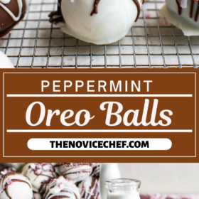 Peppermint oreo balls on a cooling rack, stacked on top of each other and with a glass of milk.