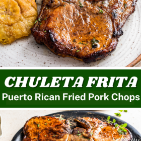 A pork chop on a plate with rice, beans and plantains and chuleta frita stacked on a plate with two forks.