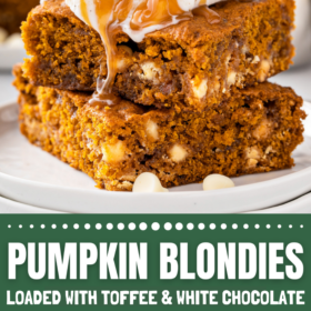 Two pumpkin blondies stacked on top of each other with ice cream on top and images of making the blondies.