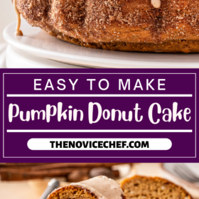 Pumpkin donut cake on a cake stand and a slice of cake on a plate with a fork.