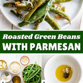 Green beans on a plate with cheese, in a bowl with oil and on a cookie sheet.