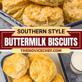 Buttermilk biscuits stacked on top of each other and in a baking dish.