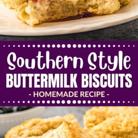 A biscuit with butter and jam on top and a bite taken out of it and biscuits stacked on top of each other.