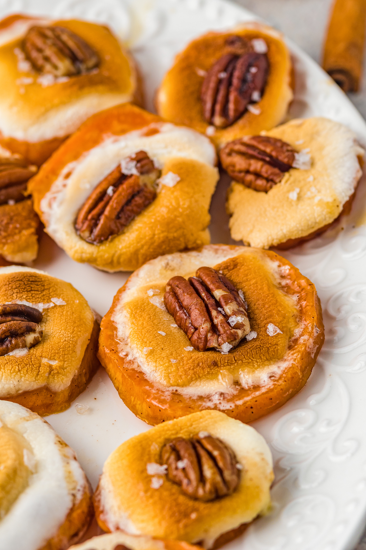 Close-up of sweet potato bites on a plate.