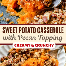 A fork picking up a bite of sweet potato casserole and a serving in a white bowl.