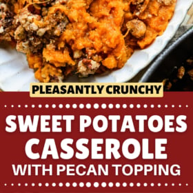 A serving of sweet potato casserole with pecan topping in a casserole dish and a fork taking a bite.