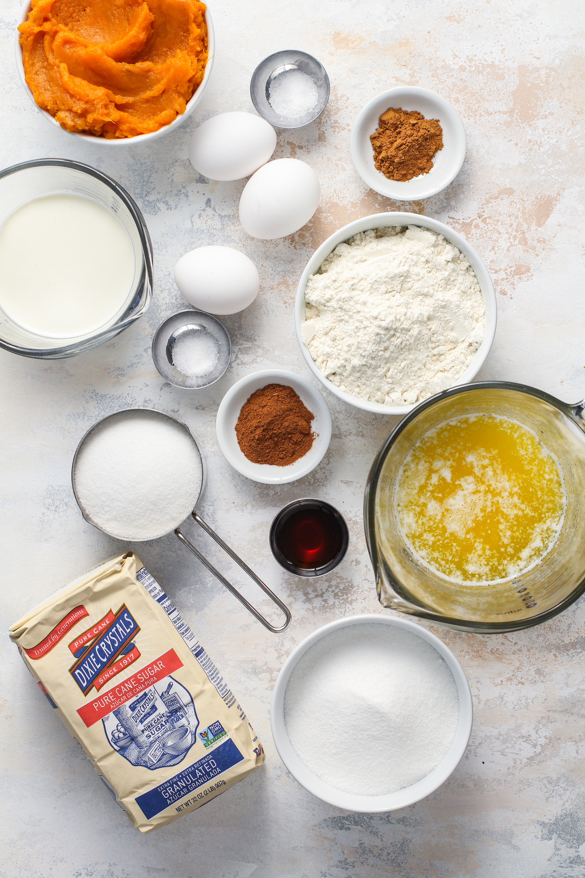 Ingredients in bowls with eggs.