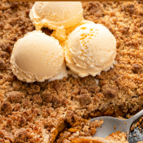 Sweet potato crumble with a spoon scooping a serving.