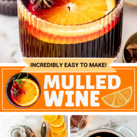 Mulled wine in a wine glass with oranges, ingredients in jars, and a pot of mulled wine.