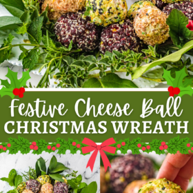 Cheese ball wreath with greenery and holly berries.