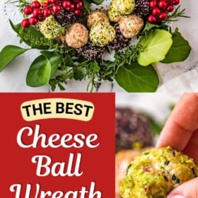 Cheese ball wreath on a platter, ingredients in bowls on marble and fingers picking up a cheeseball.