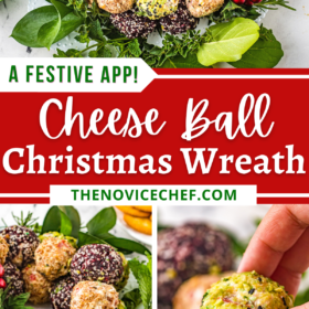 A wreath made out of cheese balls on a tray and fingers picking up a cheeseball.