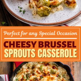 A plate with garlic bread and baked brussel sprouts and baked brussel sprouts covered in cheese in a cast iron skillet.