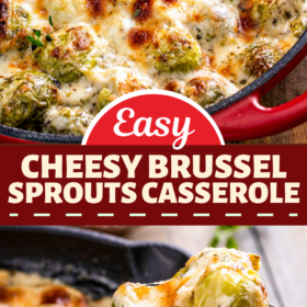 Cheesy baked brussel sprouts casserole in a cast iron skillet and a spoon scooping up a serving of cheesy brussel sprouts.