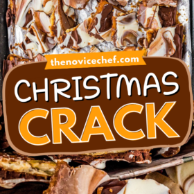 Christmas crack broken into pieces and up close image of swirled chocolate on top of crackers.