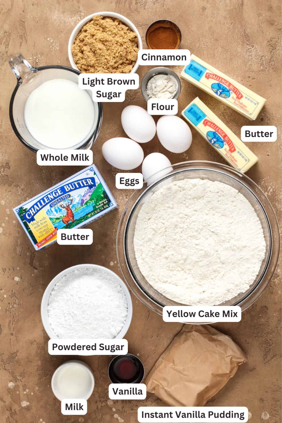 Ingredients for Cinnamon Roll Cake.