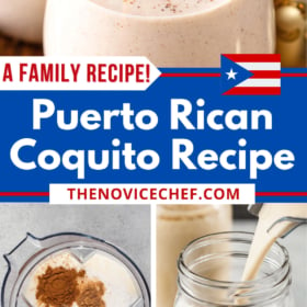 A glass of puerto rican coconut cocktail, ingredients in a blender, and coconut cream being poured into a jar of rum.