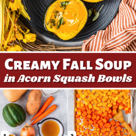 Butternut squash soup in an acorn squash bowl and images of the soup being made.