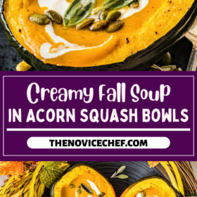 An acorn squash bowl filled with harvest soup and three acorn squash filled with soup.