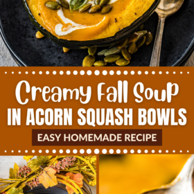 An acorn squash filled with soup on a plate and a spoon scooping up a bite.